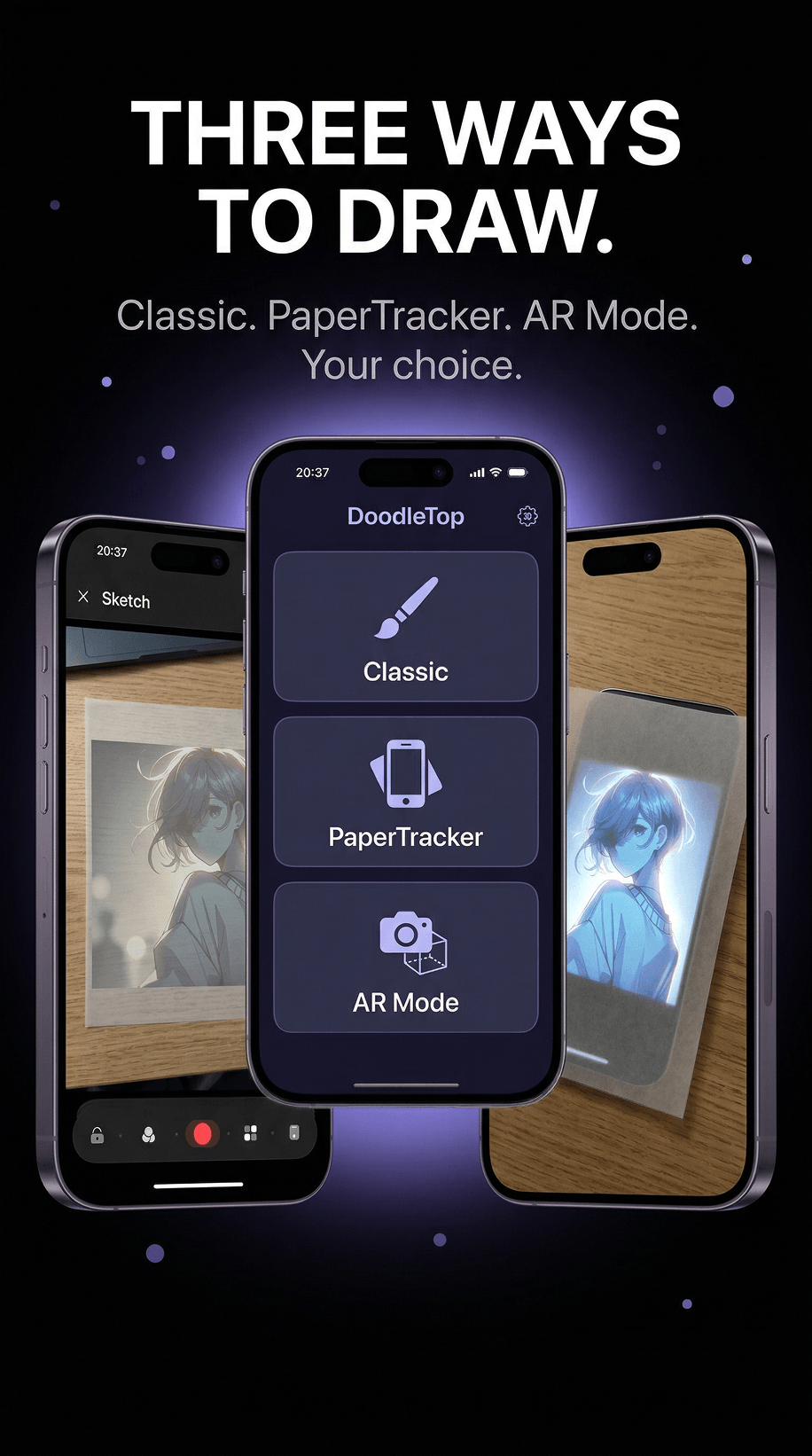DoodleTop mode picker showing Classic, PaperTracker and AR Mode